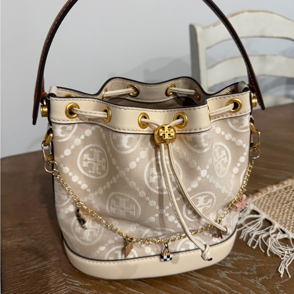 Tory Burch Cream Logo Drawstring Mini Bucket Bag with Gold Hardware